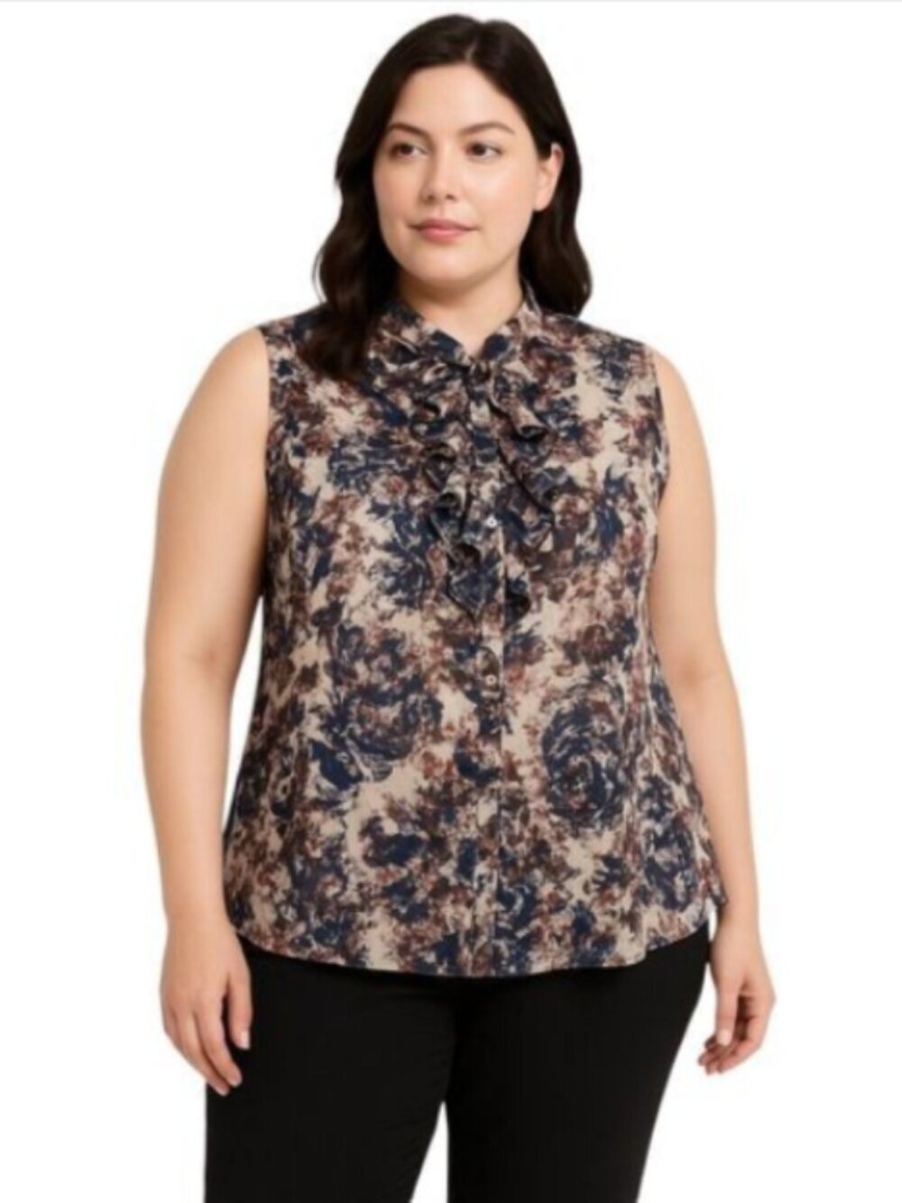Tahari ASL X-Large Blue Paisley Sheer Blouse Button Front Ruffle Sleeveless